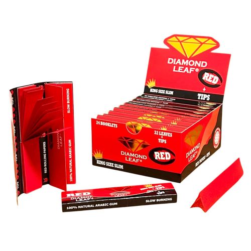 DIAMOND LEAF RED COLOURED PAPERS SLIM + RED TIPS BOX/24