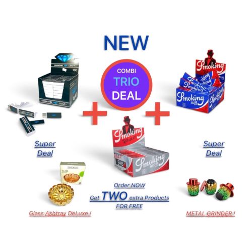 SMOKING BLUE + SMOKING MASTER + DIAMOND LEAF FILTER TIPS + FREE ASHTRAY + FREE METAL RASTA GRINDER