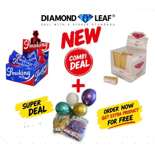 SMOKING BLUE + DIAMOND LEAF UNBLEACHED FILTER TIPS BOX/100 + FREE METALLIC BALLOONS 300 STUKS