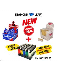 SMOKING BLUE + DIAMOND LEAF UNBLEACHED + 50 LIGHTERS