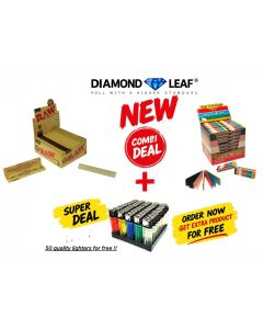 RAW CLASSIC SLIM + DIAMOND LEAF RAINBOW FILTER TIPS + COMBIDEAL + FREE 50 DISPOSABLE LIGHTERS BOX/100